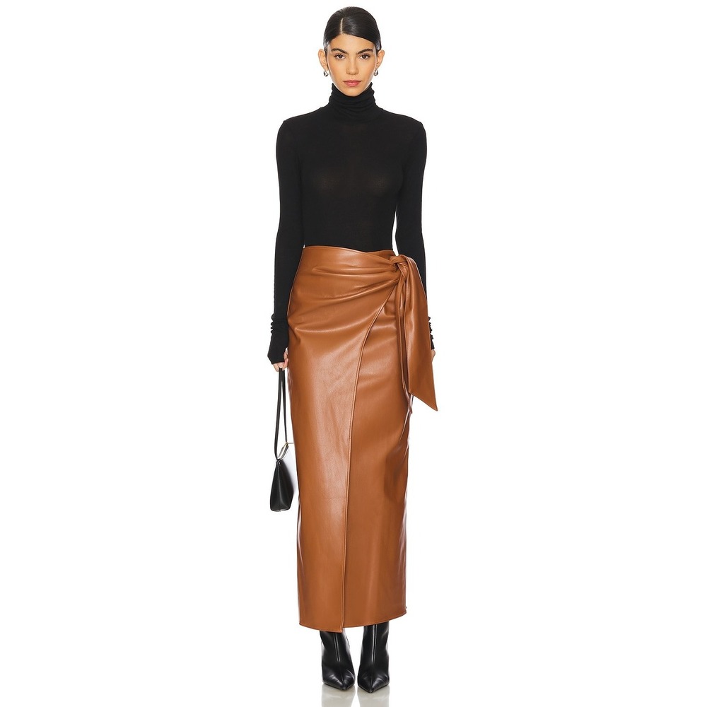 ALL THE WAYS Kassidy Faux Leather Maxi Skirt Cognac Brown Tie Waist XXS NEW